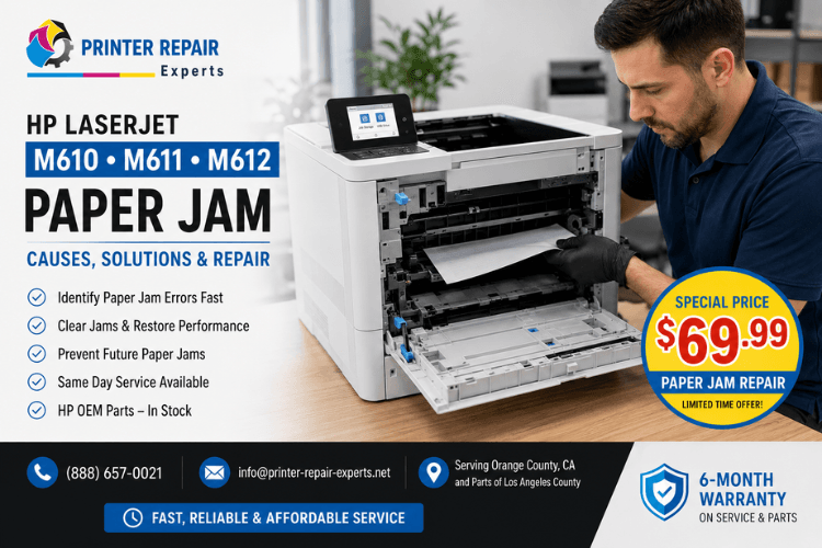 Technician repairing an HP LaserJet M610 M611 M612 printer with a paper jam, showing paper jam troubleshooting, repair, and maintenance service.