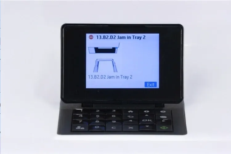 HP printer paper jam troubleshooting 13.B2.D2 displaying Paper Jam Error