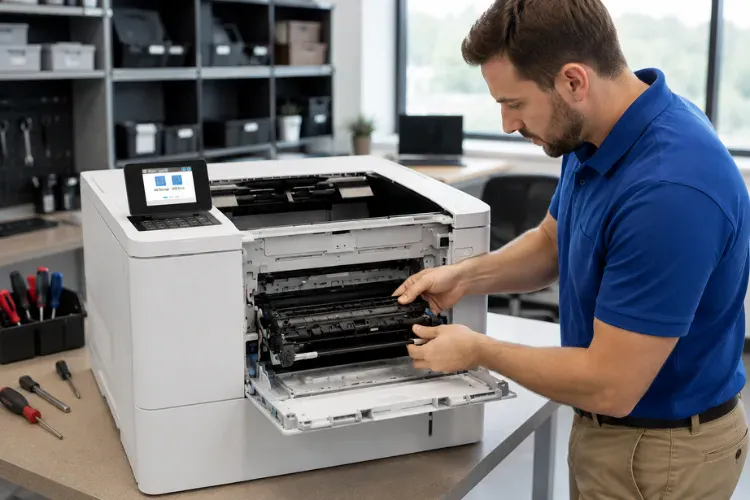 Experienced technician performing onsite HP LaserJet printer repair on a printer setup.