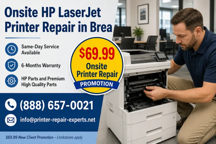 Printer Repair Brea CA | Marketing banner for onsite HP LaserJet printer repair in Brea with phone number, $69.99 new client promotion, and 6-months warranty.