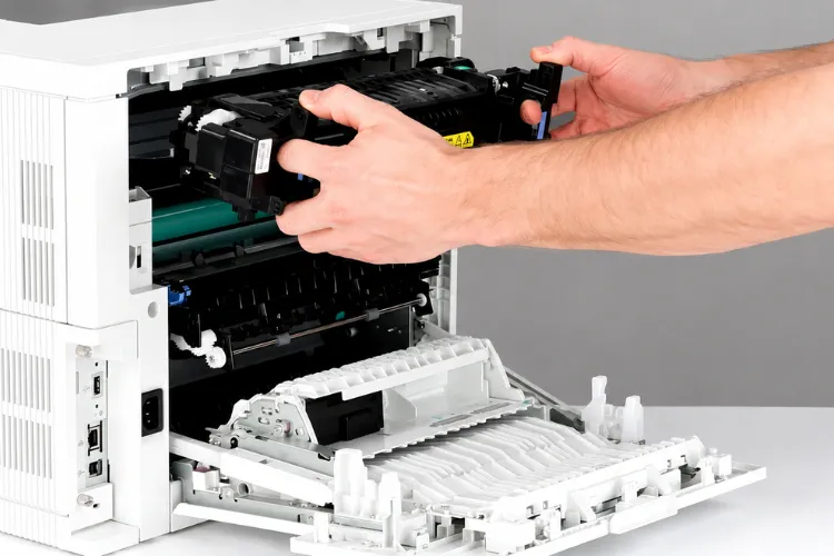 Close view of fuser replacement showing blue release levers being squeezed to remove the fuser assembly