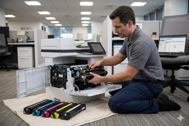 Onsite HP LaserJet printer repair in Pico Rivera marketing banner with phone number, $69.99 new client promotion, and 6-months warranty