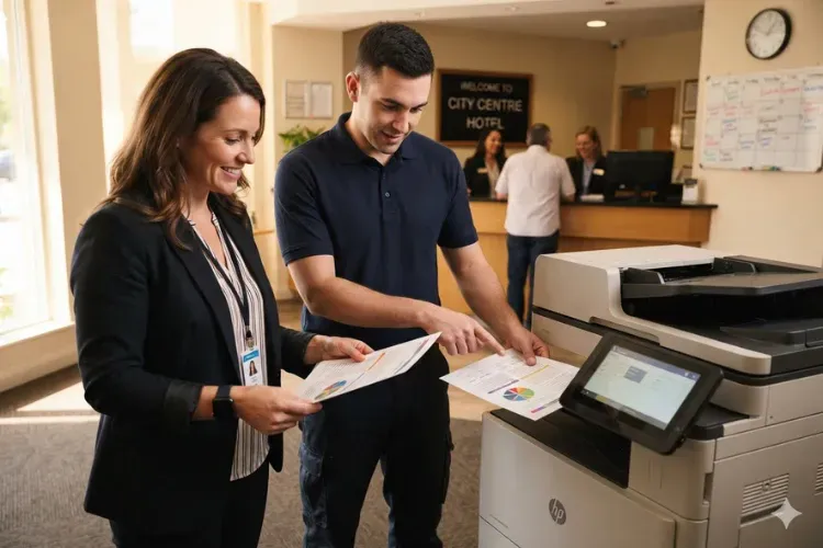 Technician and office manager verifying print quality on an HP Color LaserJet MFP near the Anaheim Resort District.