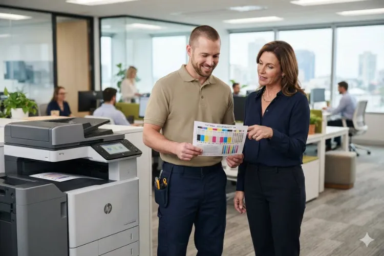 Technician verifying print quality on an HP Color LaserJet MFP after onsite repair at a Brea business.