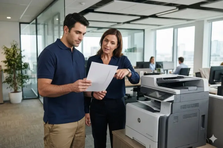 Technician and office manager reviewing a print quality test page beside an HP Color LaserJet MFP in a City of Industry office