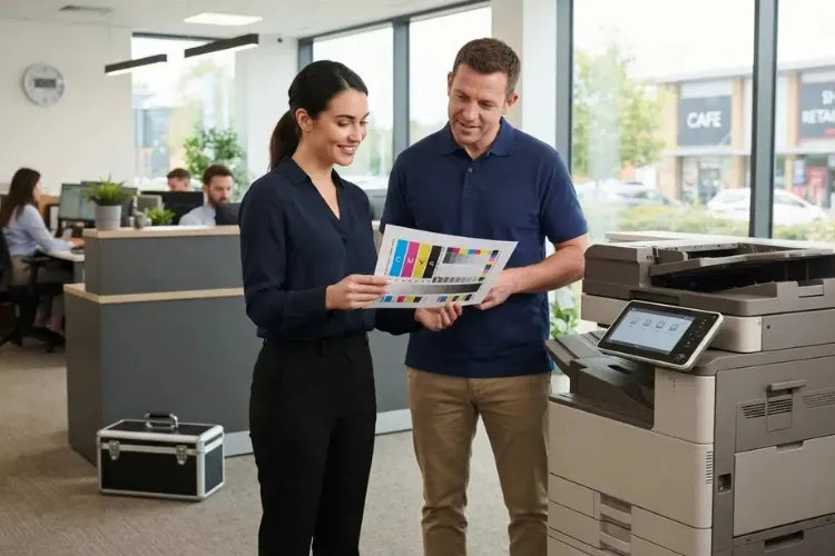 Technician verifying print quality with an office manager after HP Color LaserJet service in Commerce CA