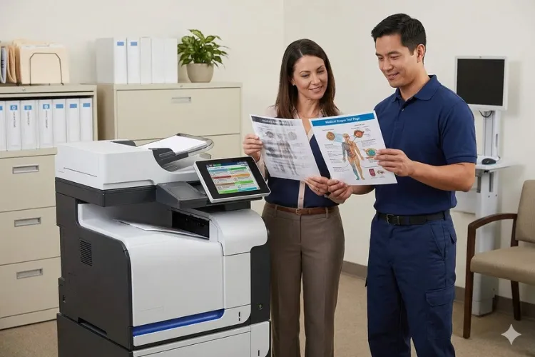 Test page review after HP Color LaserJet repair at a Santa Ana office