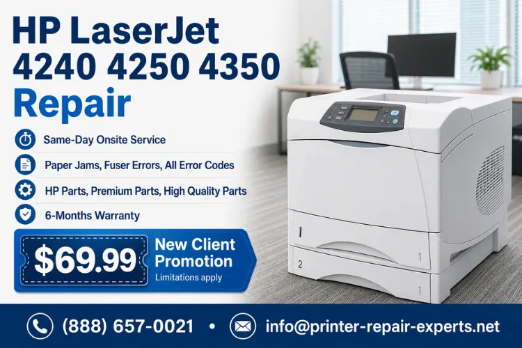 HP Laserjet 4240 4250 4350 Printer Repair | HP LaserJet 4240 4250 4350 repair service promotion with same-day onsite service, 6-months warranty, and $69.99 new client special
