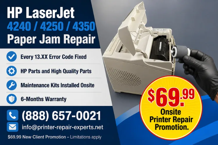 HP laserjet 4240 4250 4350 Paper Jam repair service graphic with phone number, promotion, and 6-months warranty details