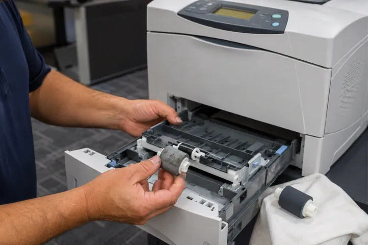 Technician inspecting a worn pickup roller causing paper jams on an HP LaserJet 4250 printer