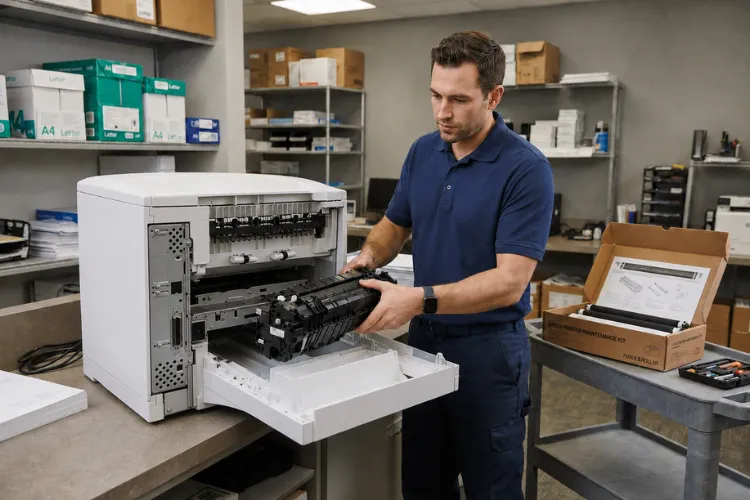 Removing the print cartridge to clear a jam in the top cover area of an HP LaserJet workgroup printer