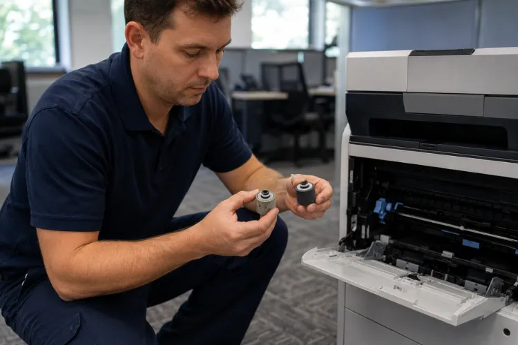 Printer technician comparing a worn feed roller with a new replacement roller during an HP LaserJet tray jam repair