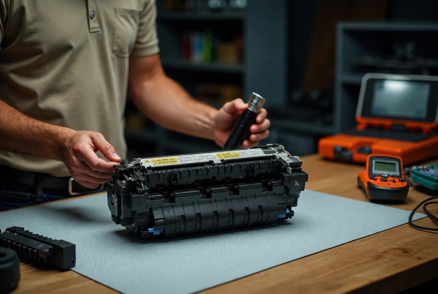 Technician inspecting a removed HP LaserJet fuser assembly for damage, worn rollers, and connector faults