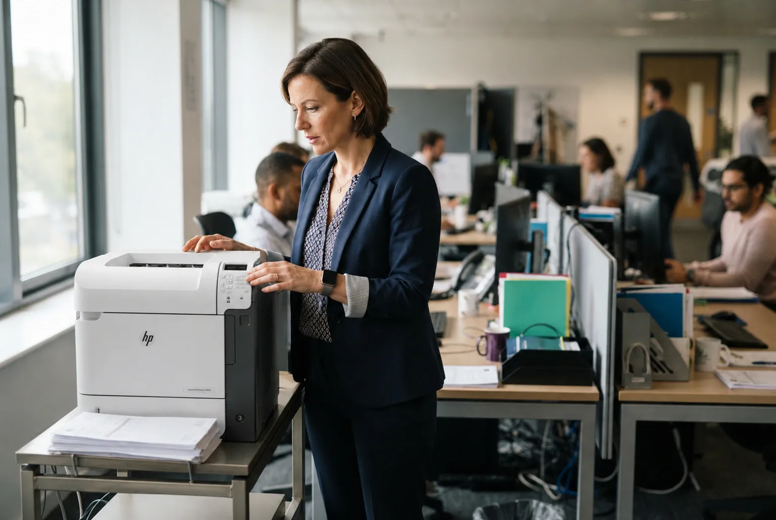Office manager reviewing a fuser error message on an HP LaserJet 600 series printer while print jobs wait.