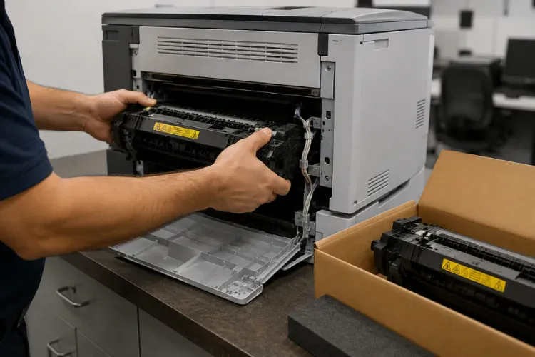 Technician replacing a fuser assembly during an HP LaserJet fuser error repair at a Commerce office