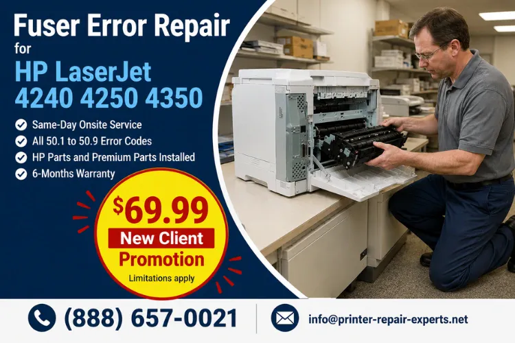 HP LaserJet 4240 4250 4350 fuser error repair promotion with $69.99 new client special and 6-months warranty