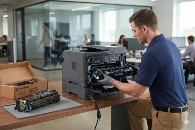 Onsite fuser replacement and maintenance kit installation on an HP LaserJet printer in an Anaheim office.