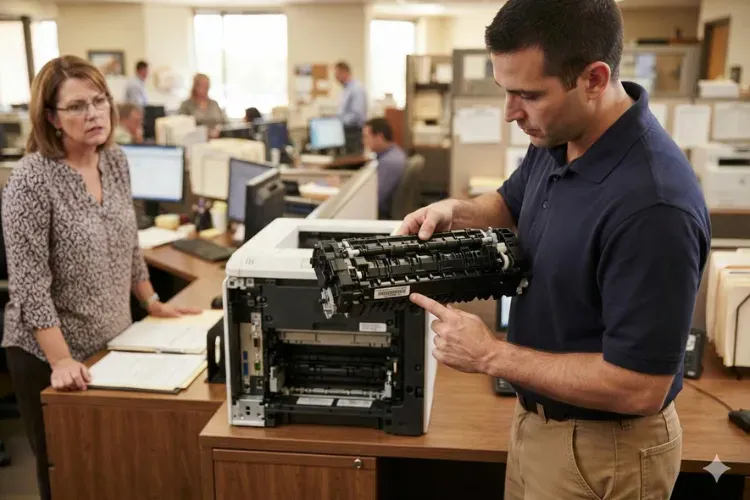 HP printer technician verifying the fuser part number to resolve a 50.5 incorrect fuser error on a LaserJet 4250