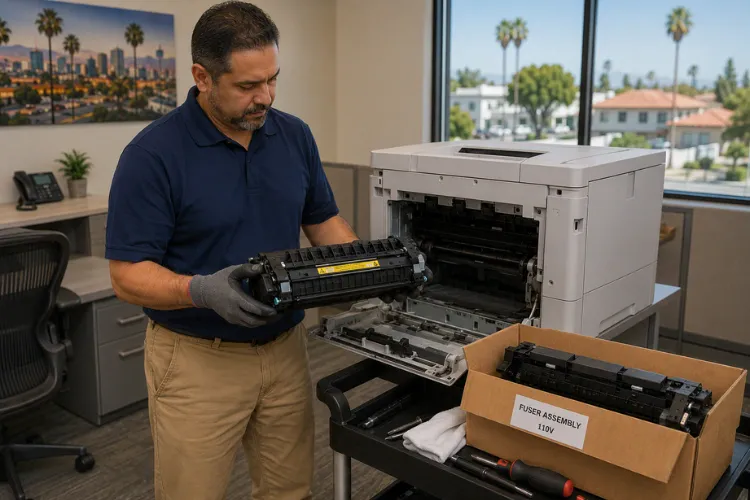 Fuser replacement during onsite HP LaserJet printer repair at a Santa Ana business