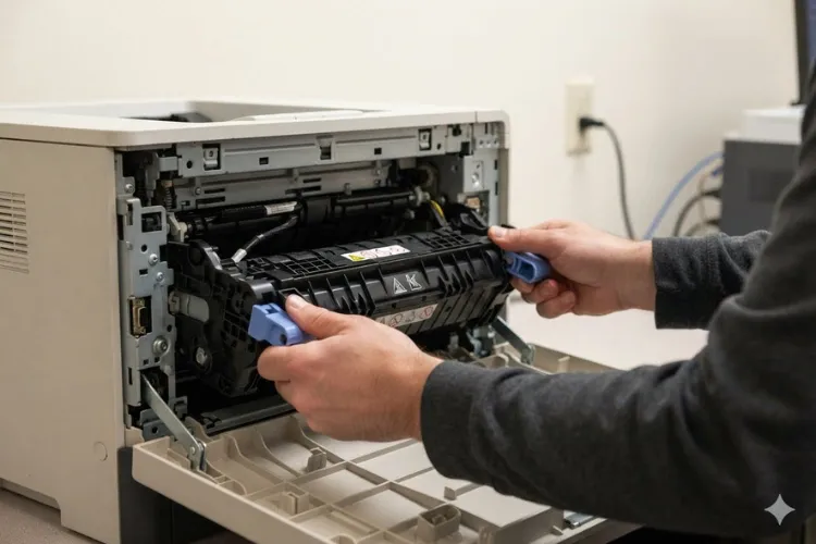 Reseating the fuser assembly and locking both blue levers on an HP LaserJet M601 M602 M603 series printer.