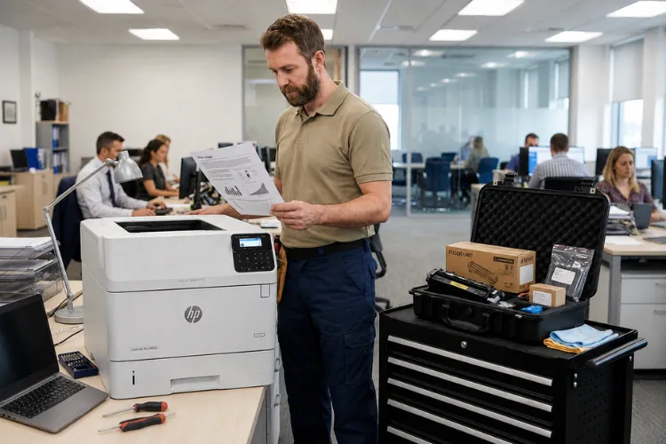Printer service technician verifying print quality after completing maintenance kit installation on an HP LaserJet M604