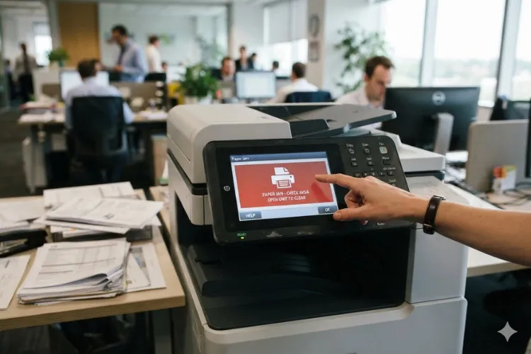 Office worker responding to a paper jam alert on an HP LaserJet M608 control panel during a busy workday