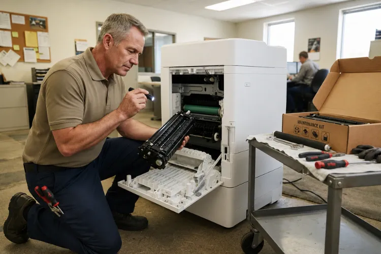 Onsite technician inspecting the fuser and maintenance kit parts for an HP LaserJet M634 multifunction printer