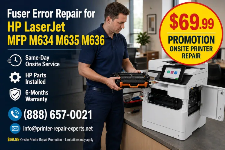 HP Laserjet MFP M634 M635 M636 Fuser Error | Same day printer repair offer for HP LaserJet MFP M634, M635, and M636 fuser errors with 6-month warranty and $69.99 onsite promotion.