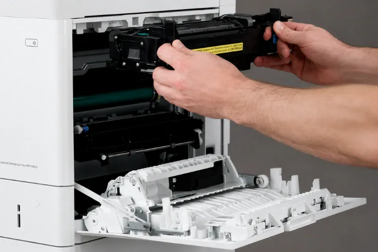Technician performing a fuser replacement on an HP LaserJet M634 M635 M636 enterprise MFP