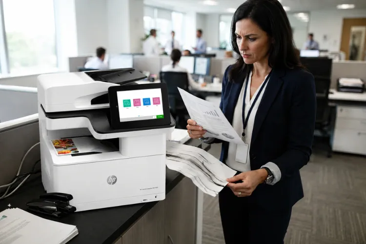 Toner smearing and wrinkled paper output warning of a failing fuser on an HP LaserJet M636 printer.