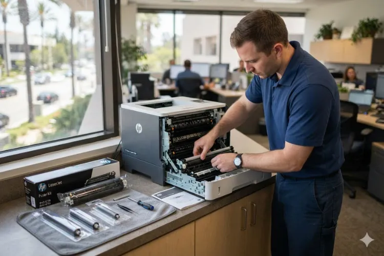 Onsite maintenance kit installation on an HP LaserJet printer at a Brea office.