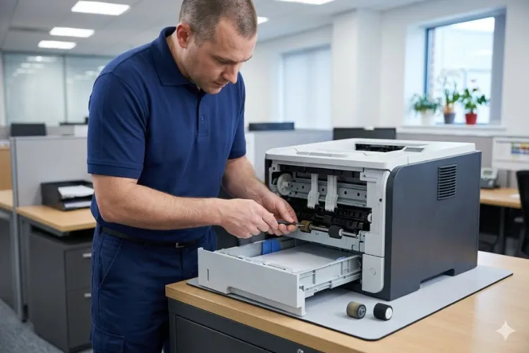 Technician replacing HP LaserJet maintenance kit rollers during an onsite service visit in ZIP 91733