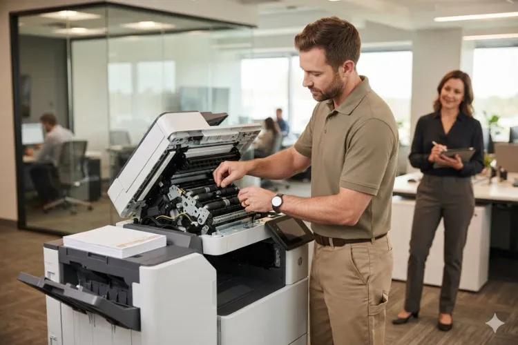 Technician inspecting document feeder rollers on an HP LaserJet enterprise MFP after repeated scan jams
