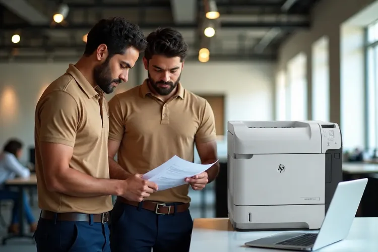 Technician and office IT manager reviewing printer diagnostics and network settings after an onsite HP LaserJet service visit