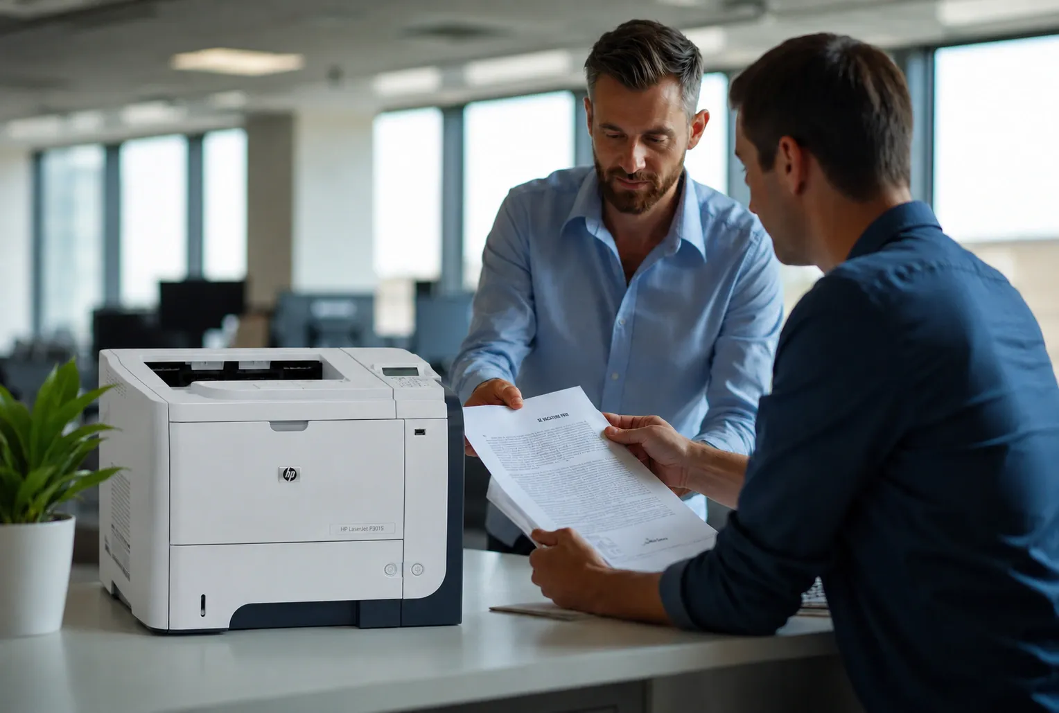 Office manager and IT professional reviewing a 50.X fuser error message on an HP LaserJet P3015 in a commercial office.