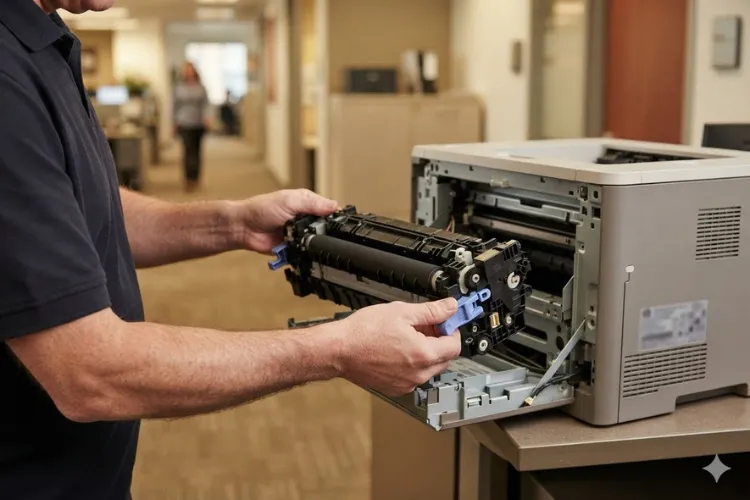 Removing the fuser assembly from the rear access door of an HP LaserJet P3015 office printer during a 50.X error repair.