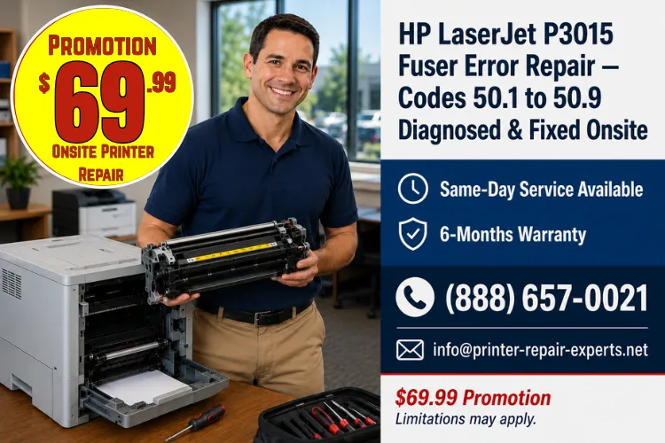 HP Laserjet P3015 Fuser Error | Printer Repair Experts technician offering same-day onsite HP LaserJet P3015 fuser repair with 6-month warranty.