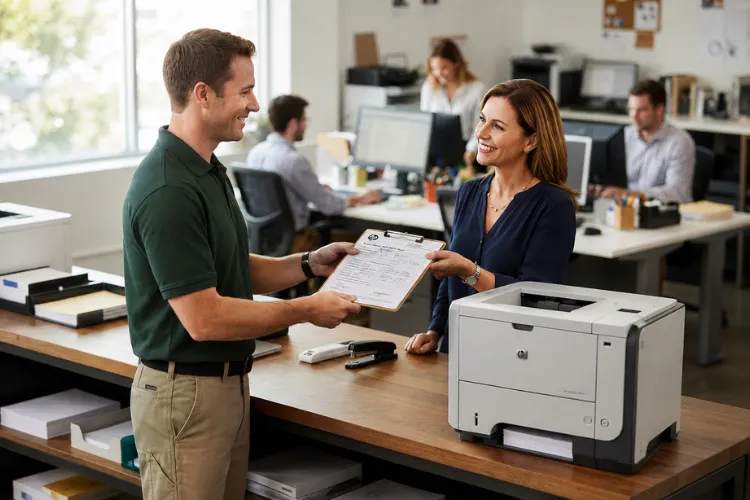 Technician comparing test pages while diagnosing HP LaserJet P3015 poor print quality onsite