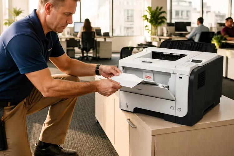Technician inspecting the Tray 1 paper jam on an HP LaserJet P3015 to diagnose recurring misfeeds