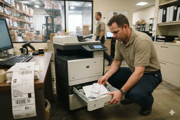Technician clearing a paper jam from an HP LaserJet printer at a City of Industry distribution facility office