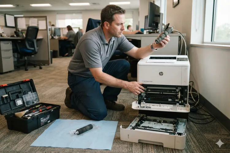 Printer technician inspecting worn pickup rollers that cause repeated tray misfeed jams on HP LaserJet printers