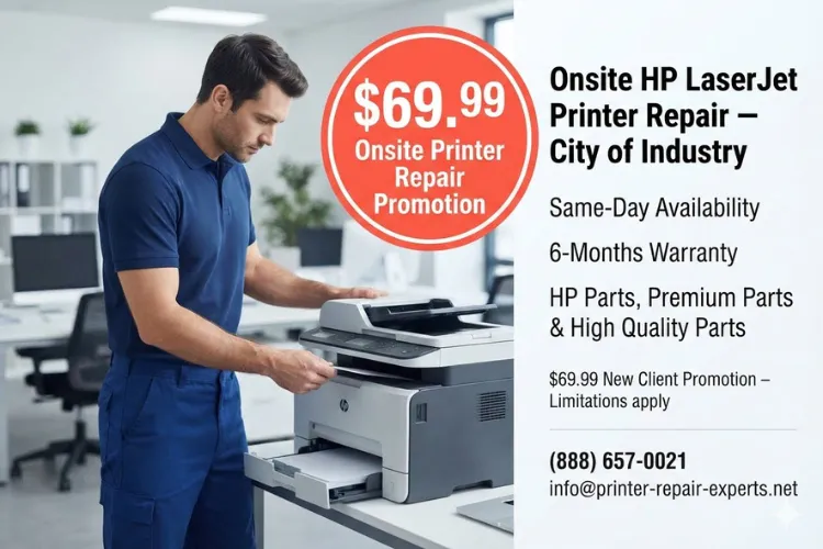 Printer Repair City of Industry CA - Onsite HP LaserJet printer repair marketing graphic for City of Industry with same-day service, 6-months warranty, and new client promotion details