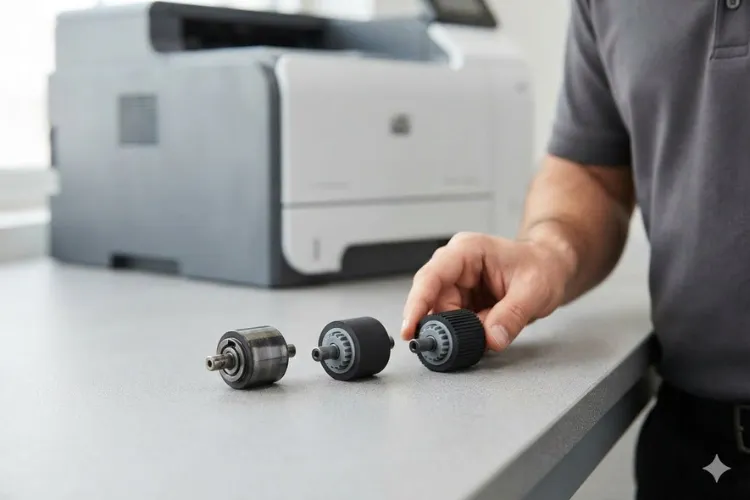 Worn pickup roller compared with new feed and separation rollers for an HP LaserJet MFP