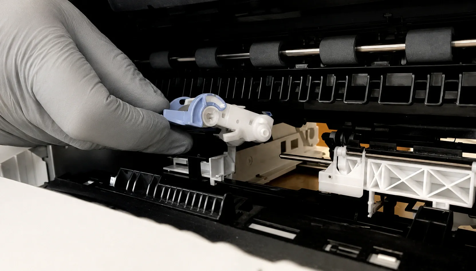 Worn pickup rollers causing paper jams identified during onsite printer repair