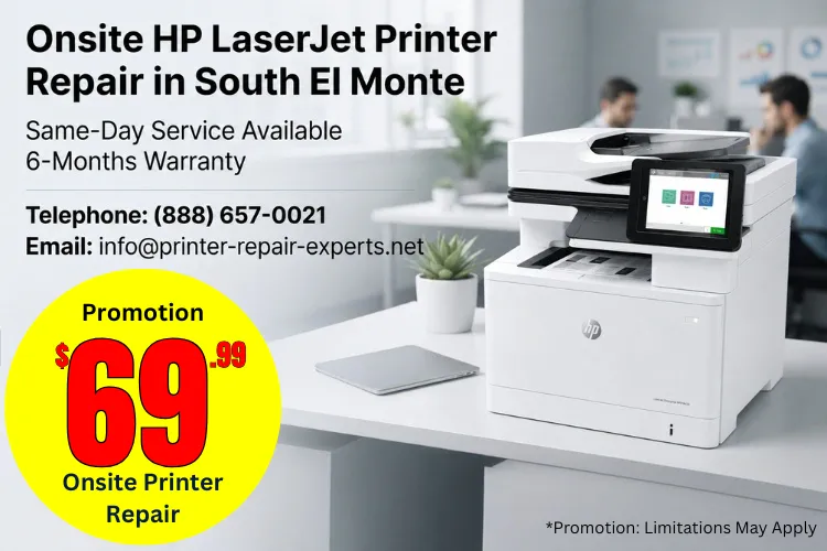 Printer Repair South El Monte CA | Onsite HP LaserJet printer repair in South El Monte marketing graphic with phone number, warranty, and new client promotion