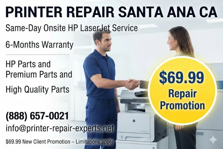 Printer Repair Santa Ana CA | Printer Repair Experts marketing card for Santa Ana with phone, email, warranty, and $69.99 new client promotion