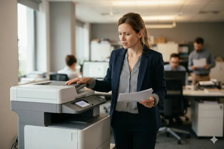 Office manager waiting at a jammed HP LaserJet printer while a recurring paper jam interrupts printing
