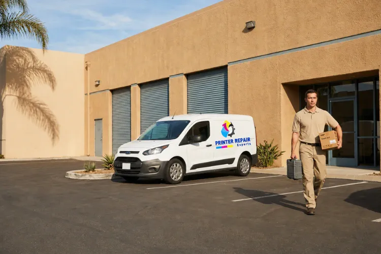 Mobile technician arriving for same day printer repair at a South El Monte industrial suite