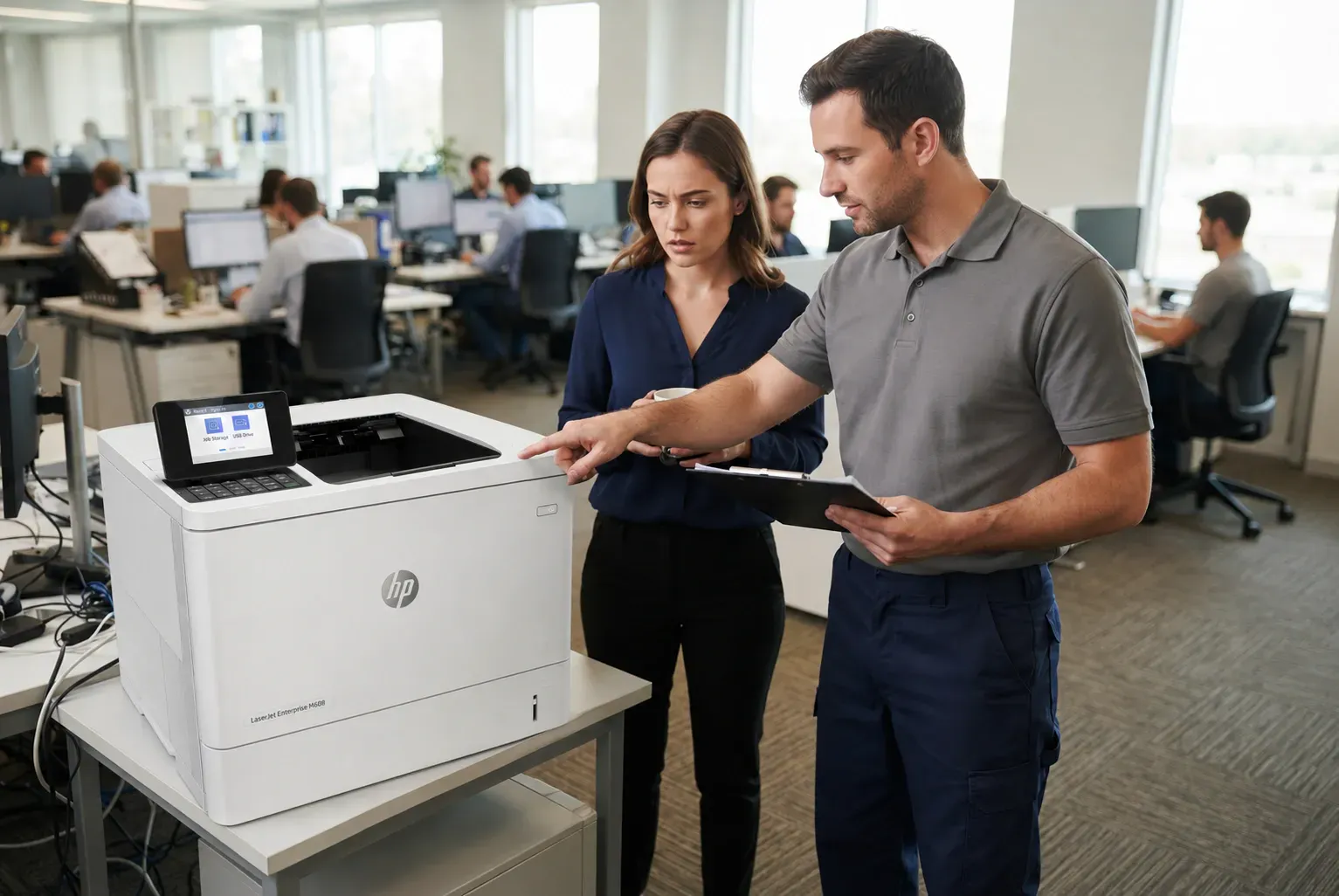 Technician reviewing a 50.X fuser error code on an HP LaserJet printer control panel with an office manager