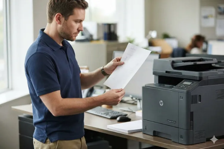 Technician inspecting a printed page for toner smearing caused by a failing fuser